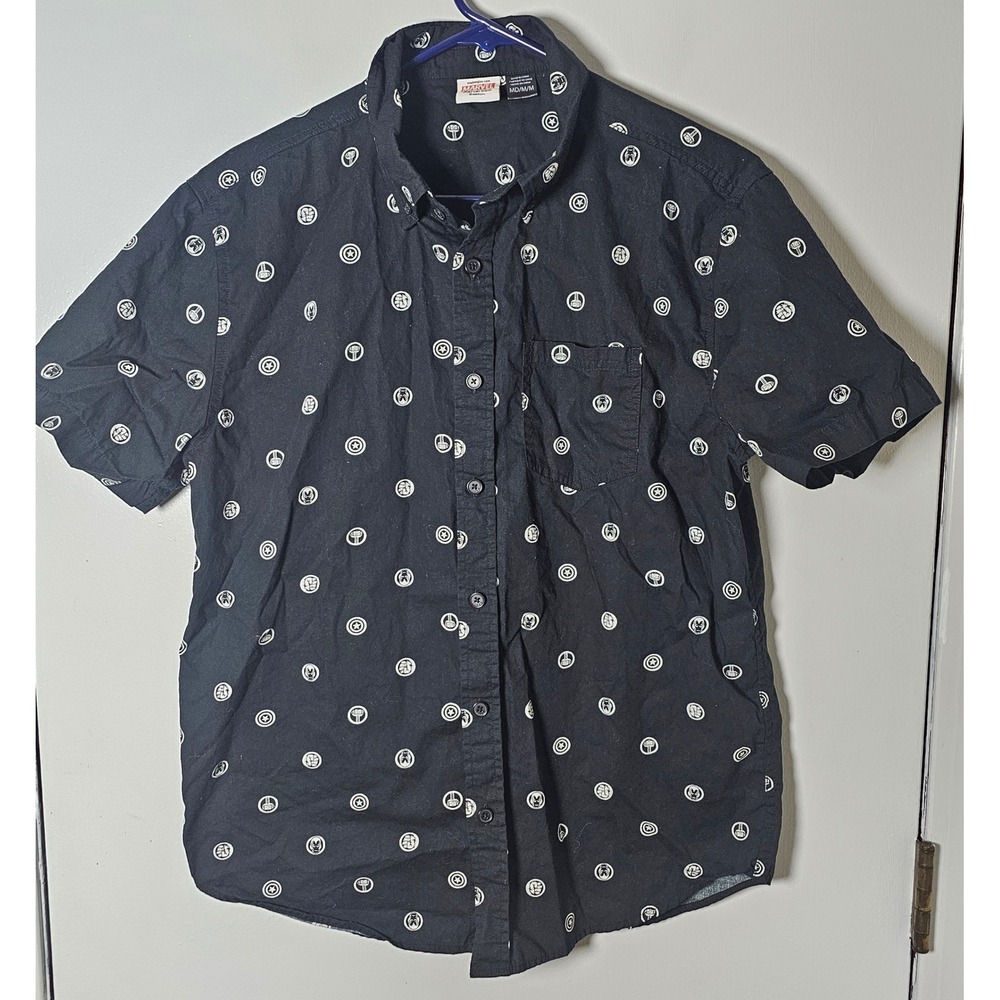 Marvel Comics Avengers Button Down Shirt Mens Medium Black Cotton Short Sleeve